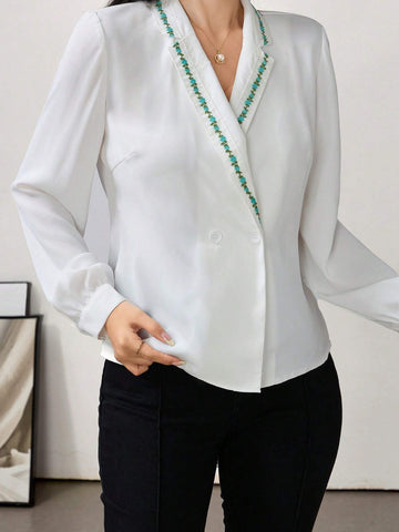 Modely Women's French V-Neck Floral Embroidery Casual Button-Up Blouse, Business Clothes