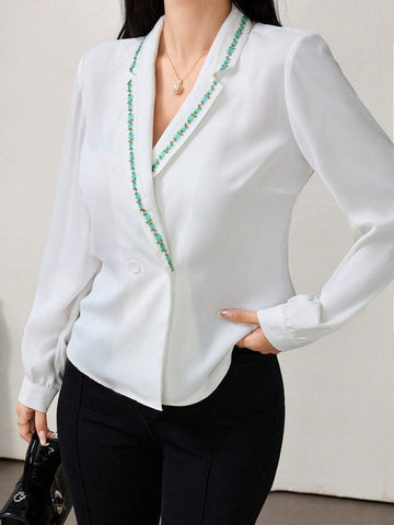 Modely Women's French V-Neck Floral Embroidery Casual Button-Up Blouse, Business Clothes