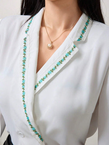 Modely Women's French V-Neck Floral Embroidery Casual Button-Up Blouse, Business Clothes