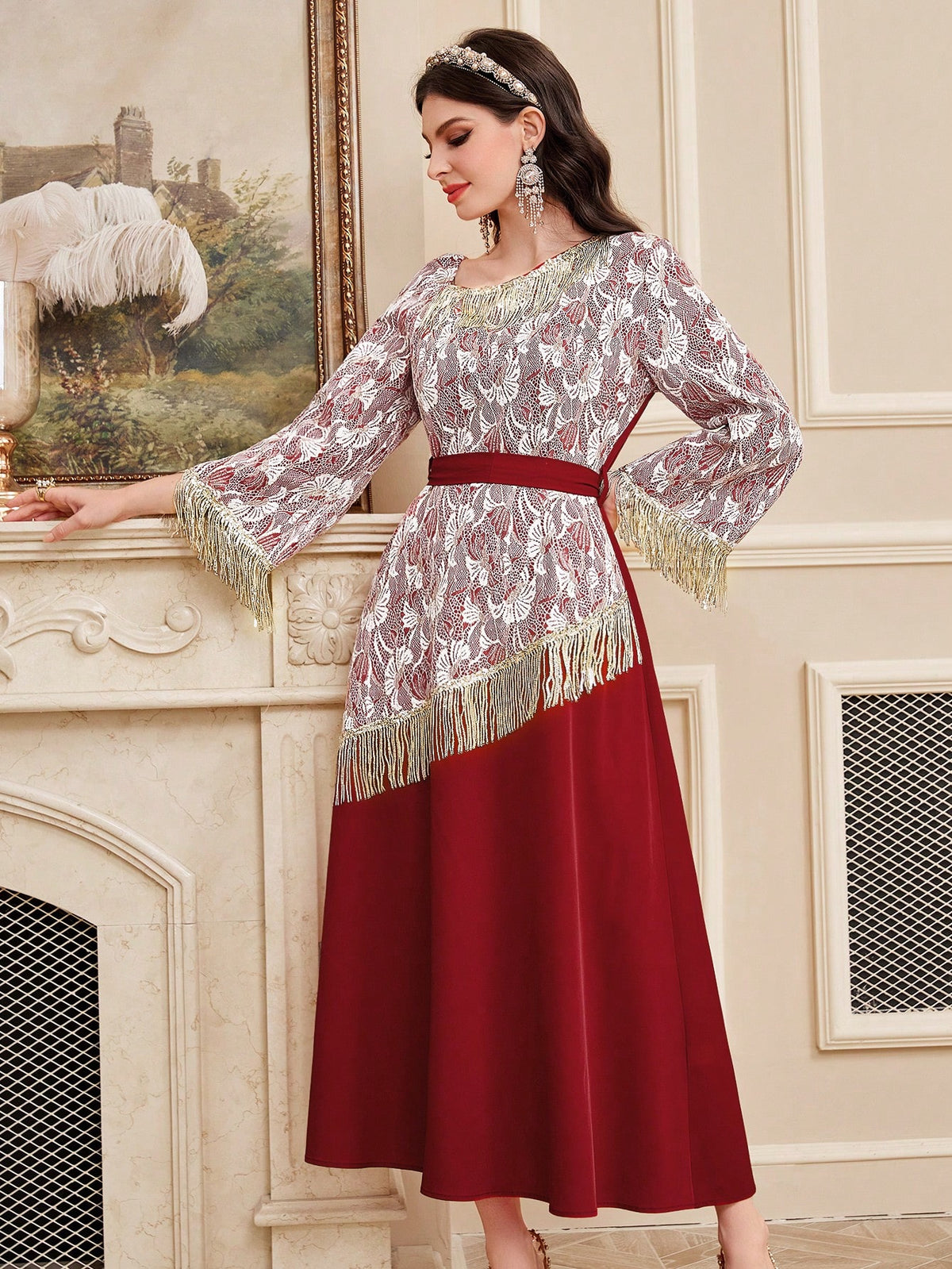 Women's Fringed Patchwork Embroidered Waist Cinched Dress