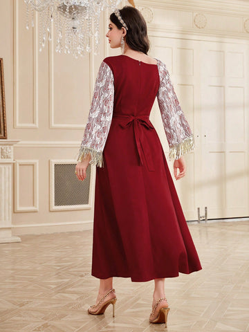 Women's Fringed Patchwork Embroidered Waist Cinched Dress