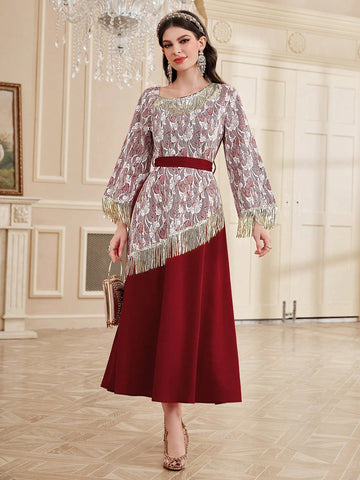 Women's Fringed Patchwork Embroidered Waist Cinched Dress