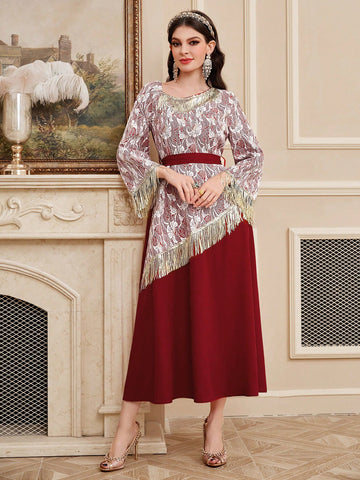 Women's Fringed Patchwork Embroidered Waist Cinched Dress