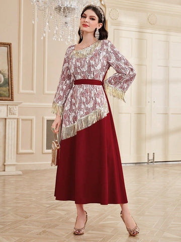 Women's Fringed Patchwork Embroidered Waist Cinched Dress