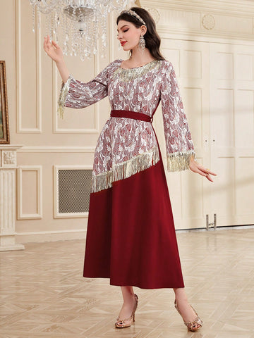 Women's Fringed Patchwork Embroidered Waist Cinched Dress