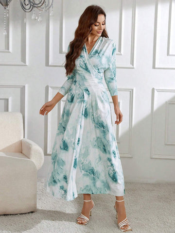Women's Full Print Cross Wrap Ruched Dress