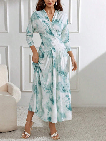 Women's Full Print Cross Wrap Ruched Dress