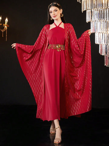 Women's Gold Foil Printed Jacket And Halter Neck Dress Set