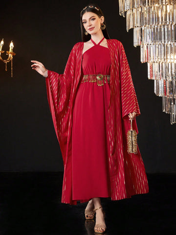 Women's Gold Foil Printed Jacket And Halter Neck Dress Set