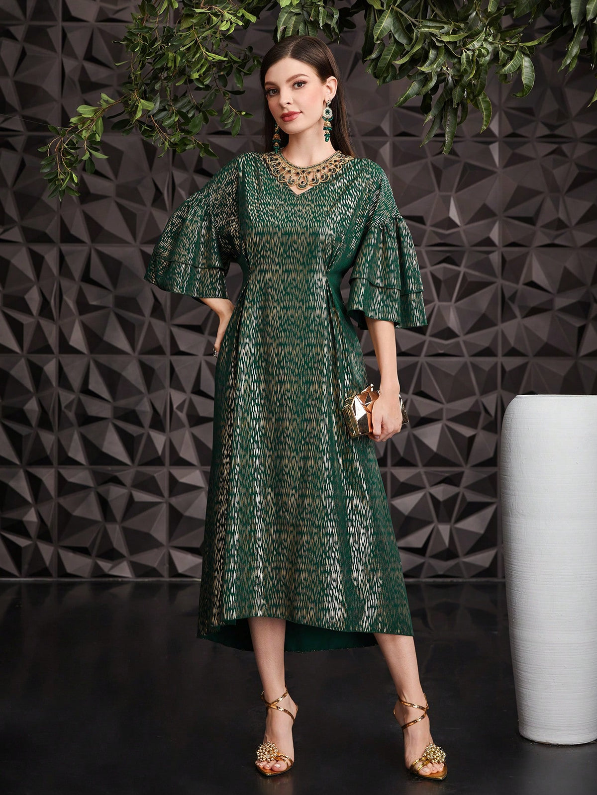 Women's Gold Stamped Printed Ruffle Sleeve Dress