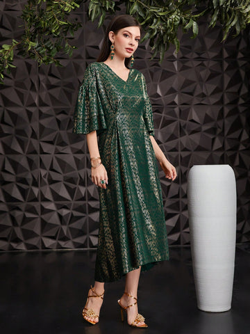 Women's Gold Stamped Printed Ruffle Sleeve Dress