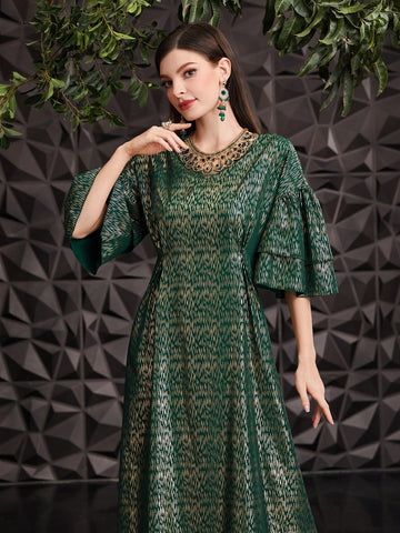 Women's Gold Stamped Printed Ruffle Sleeve Dress