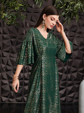 Women's Gold Stamped Printed Ruffle Sleeve Dress