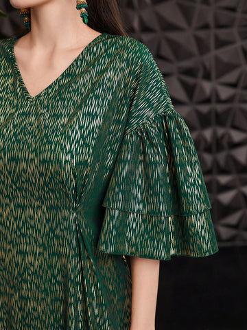 Women's Gold Stamped Printed Ruffle Sleeve Dress