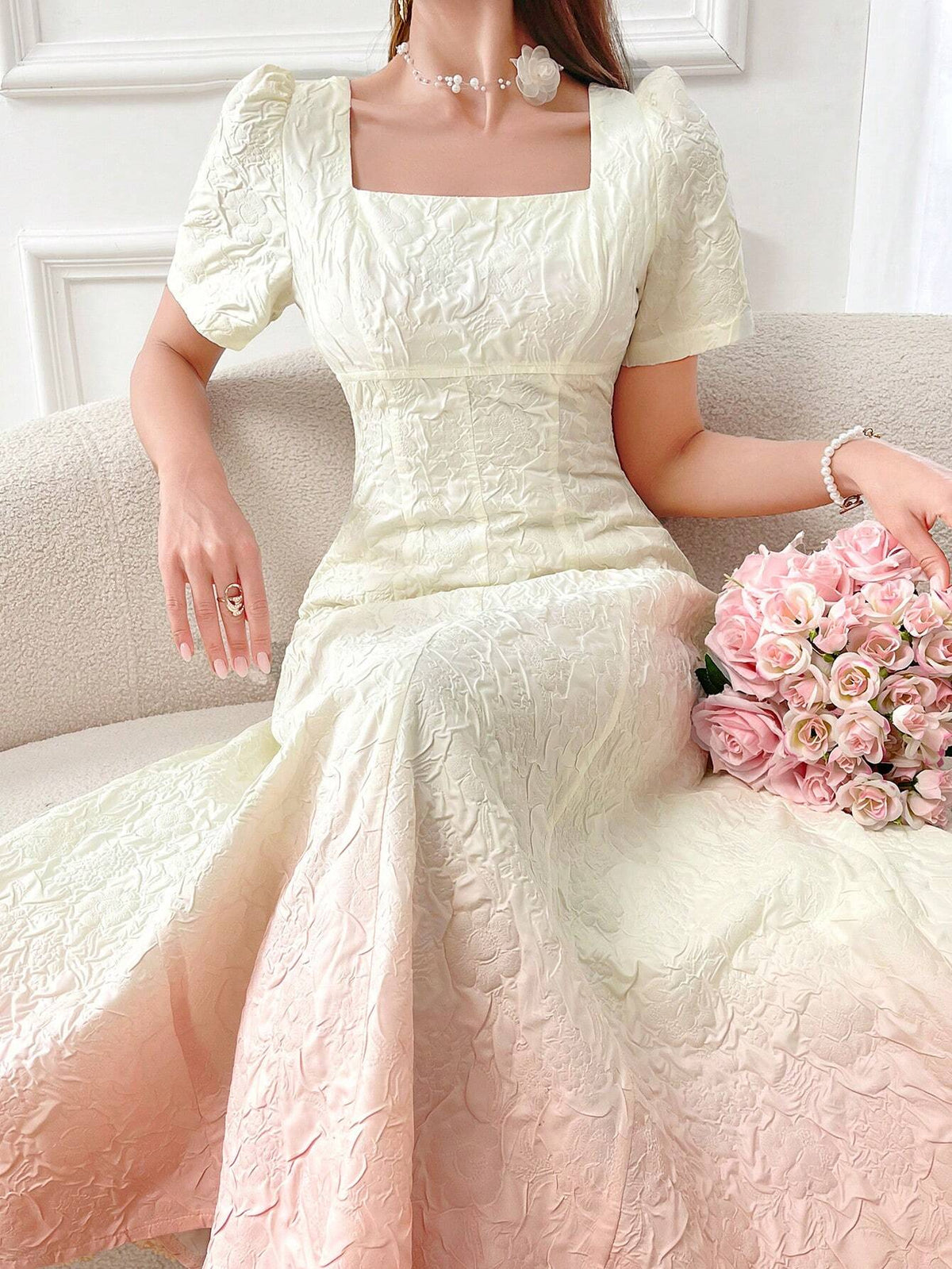 Women's Gradient Square Neck Textured Fabric Summer Short Sleeve Dress