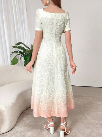 Women's Gradient Square Neck Textured Fabric Summer Short Sleeve Dress