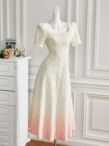 Women's Gradient Square Neck Textured Fabric Summer Short Sleeve Dress