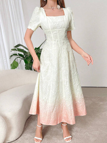 Women's Gradient Square Neck Textured Fabric Summer Short Sleeve Dress