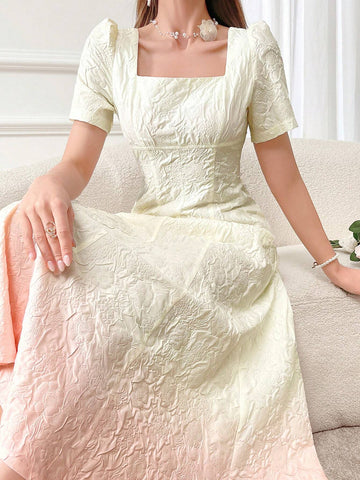 Women's Gradient Square Neck Textured Fabric Summer Short Sleeve Dress