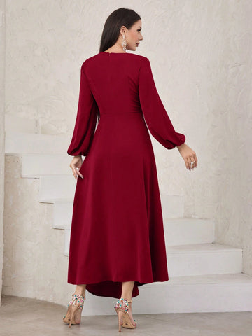 Women's Irregular Collar Lantern Sleeve Waist Pleated Dress