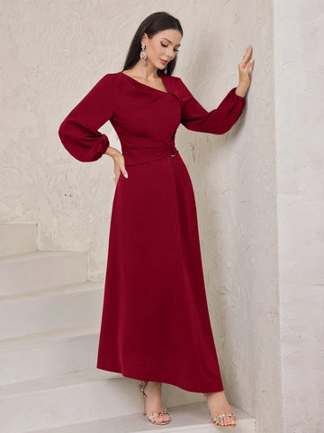 Women's Irregular Collar Lantern Sleeve Waist Pleated Dress