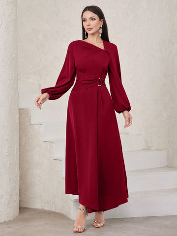 Women's Irregular Collar Lantern Sleeve Waist Pleated Dress