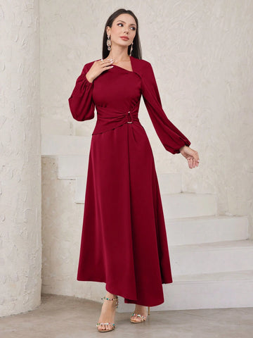 Women's Irregular Collar Lantern Sleeve Waist Pleated Dress