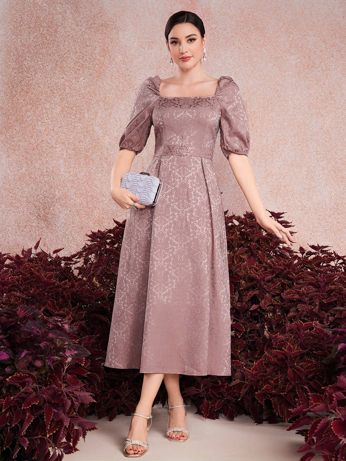 Women's Jacquard Bubble Sleeve Waist-Tie Dress