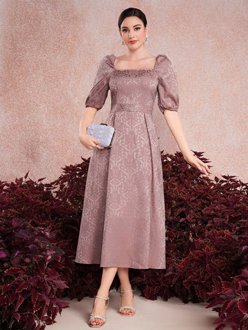 Women's Jacquard Bubble Sleeve Waist-Tie Dress