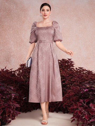 Women's Jacquard Bubble Sleeve Waist-Tie Dress