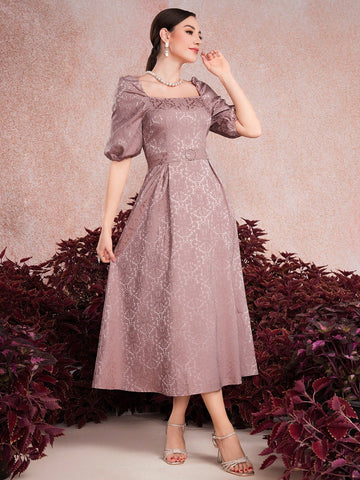 Women's Jacquard Bubble Sleeve Waist-Tie Dress