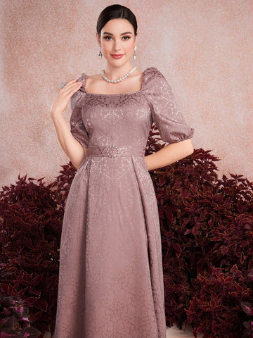 Women's Jacquard Bubble Sleeve Waist-Tie Dress