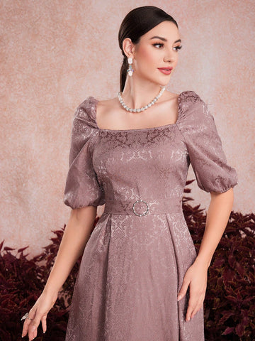 Women's Jacquard Bubble Sleeve Waist-Tie Dress