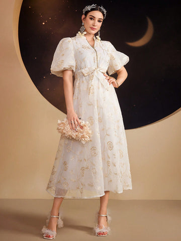 Women's Jacquard Lantern Sleeve Dress