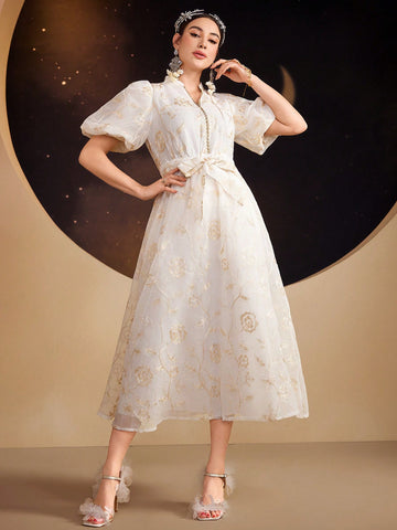 Women's Jacquard Lantern Sleeve Dress