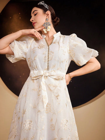 Women's Jacquard Lantern Sleeve Dress