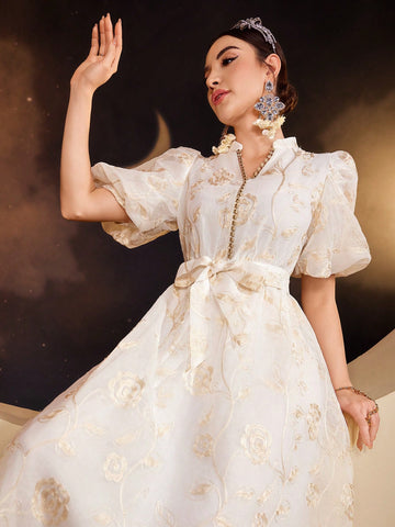 Women's Jacquard Lantern Sleeve Dress