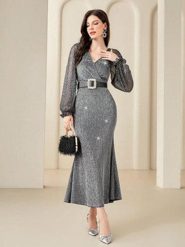 Modely Women's Lace Sleeve Fish Tail Metallic Glitter Dress (belt Not Included)