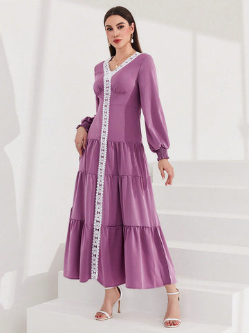 Women's Lace Splicing Ruffled Hem Dress