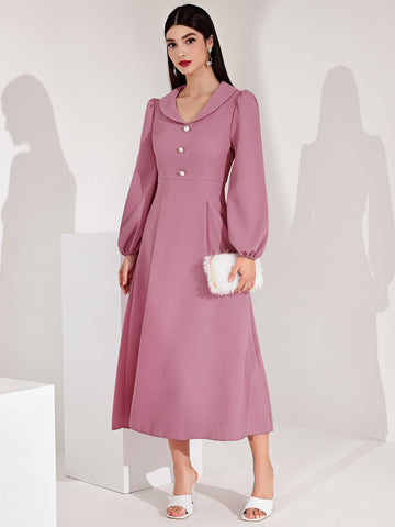Women's Lantern Sleeve Button Decorated Dress