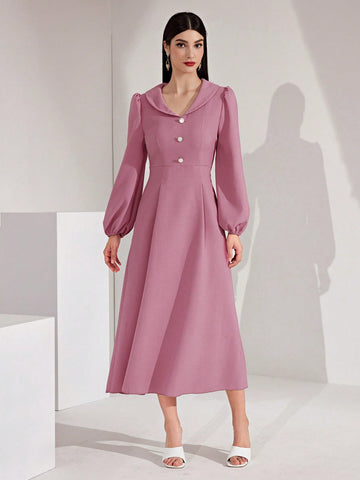 Women's Lantern Sleeve Button Decorated Dress
