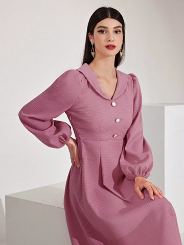 Women's Lantern Sleeve Button Decorated Dress