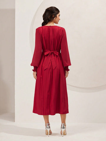 Women's Lantern Sleeve Dress With V-Neck, Stud Detailing And Shirred Cuff