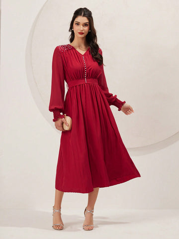 Women's Lantern Sleeve Dress With V-Neck, Stud Detailing And Shirred Cuff