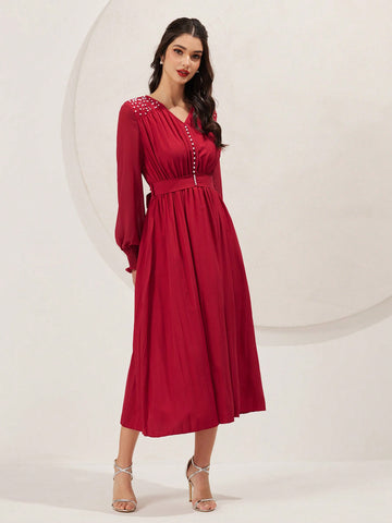 Women's Lantern Sleeve Dress With V-Neck, Stud Detailing And Shirred Cuff