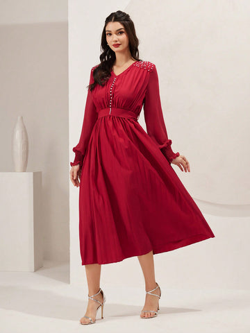 Women's Lantern Sleeve Dress With V-Neck, Stud Detailing And Shirred Cuff