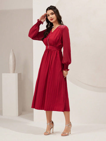 Women's Lantern Sleeve Dress With V-Neck, Stud Detailing And Shirred Cuff