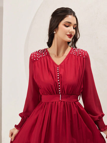 Women's Lantern Sleeve Dress With V-Neck, Stud Detailing And Shirred Cuff