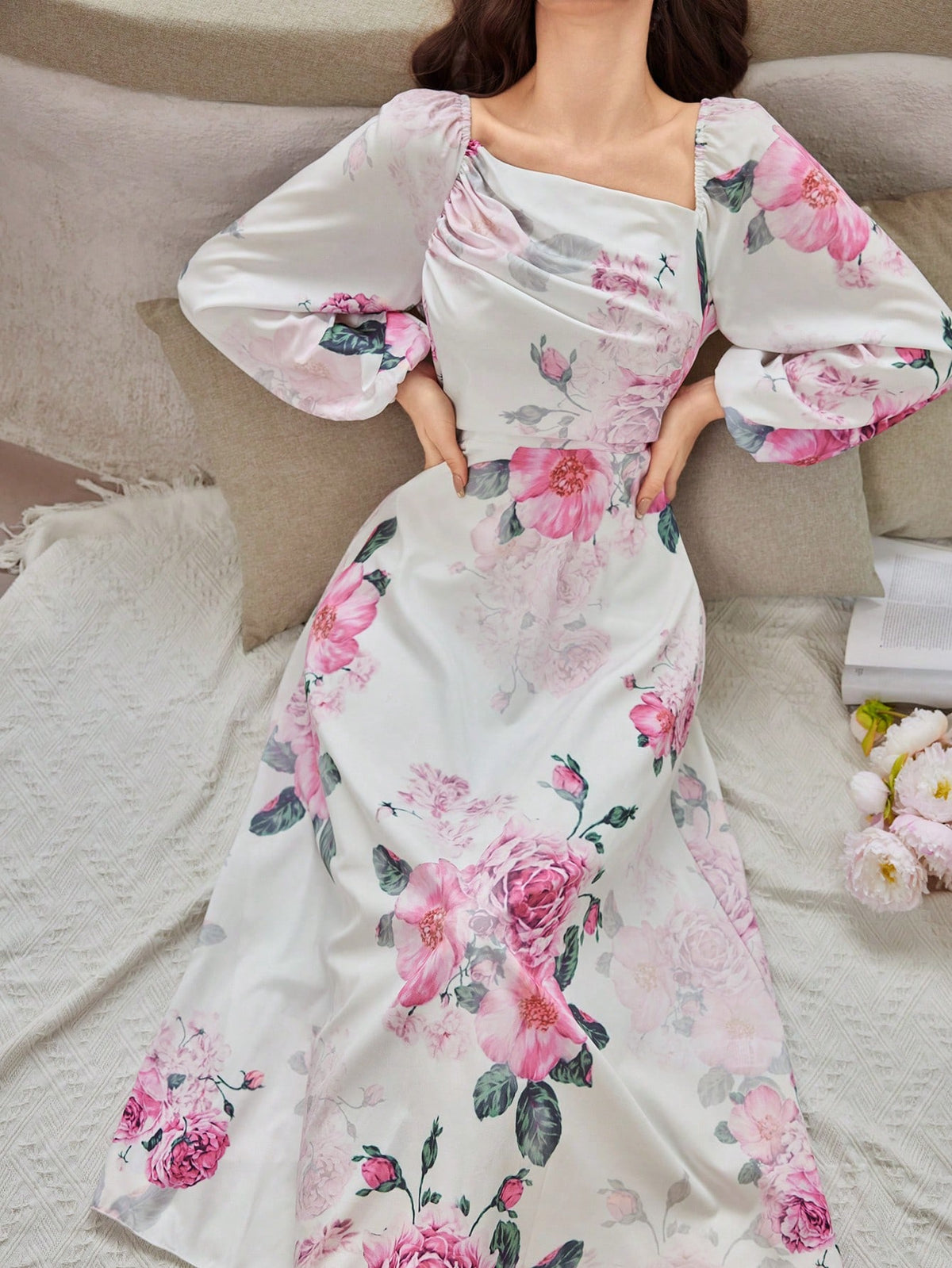 Women's Lantern Sleeve Floral Printed Dress