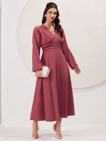 Women's Lantern Sleeve Waist Tie Dress